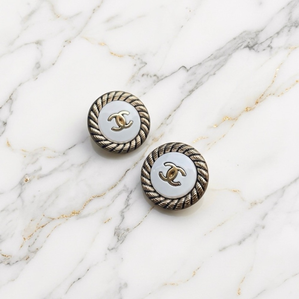 Luxury White/Gold Upcycled Vintage Button Earrings 20mm